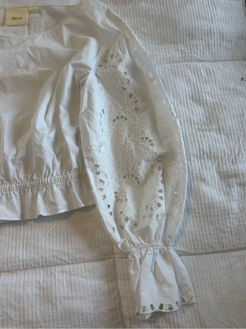 Maeve Anthropologie White Eyelet Cropped Peplum Bell Sleeve Boho Top Sz S